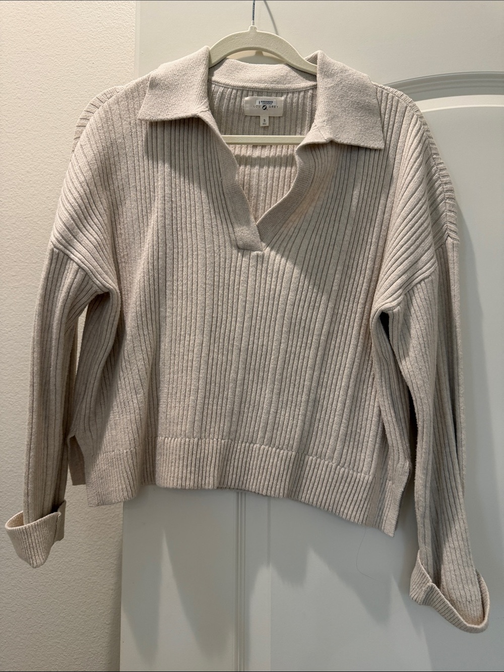 Lou & Grey Ribbed Collared V-Neck Sweater - Light Beige
